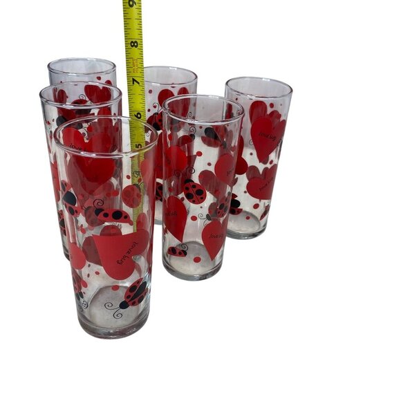 Set of 6 Love Bug Ladybug Valentine Heart Glasses – Retro 1990s Tall Drinking Tu - Picture 2 of 5
